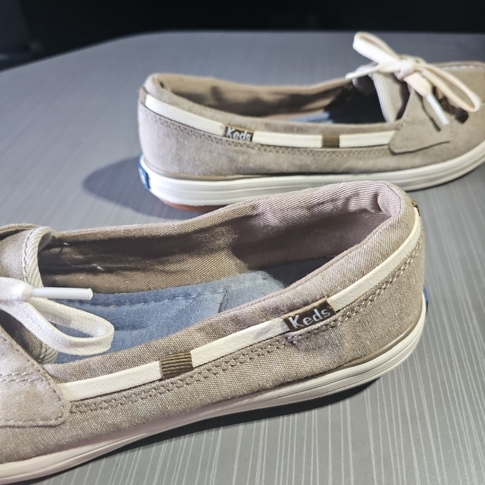 Keds Womens 6 Ortholite 2 Eye Boat Beige Fabric Slip On Moc Toe WF57105 PreOwned - Picture 8 of 10